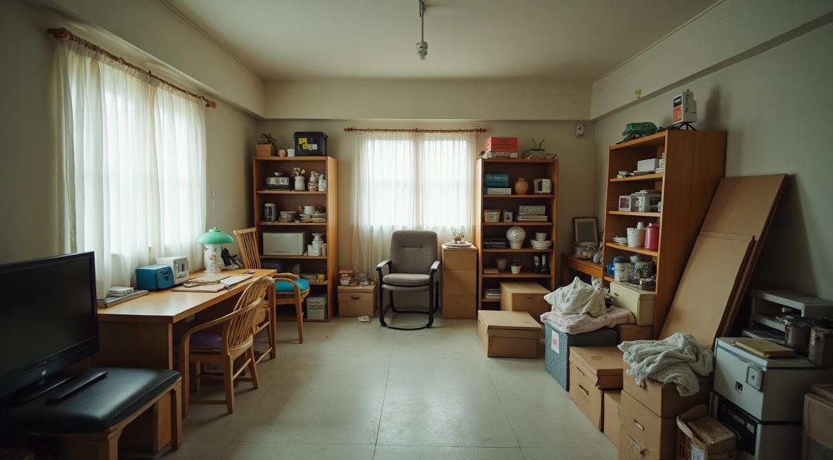 家財が多く残された居室。棚・机・家電・段ボールが壁沿いに積まれ床の大半が埋まっている